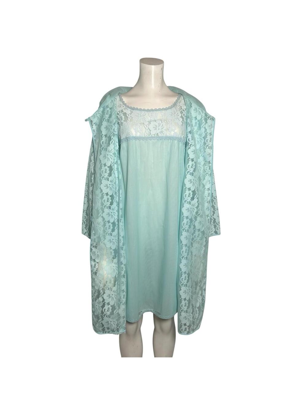 Vintage 1960s Aqua Blue Lace Peignoir Set Robe & Slip Nylon Nightgown LARGE - Picture 3 of 9